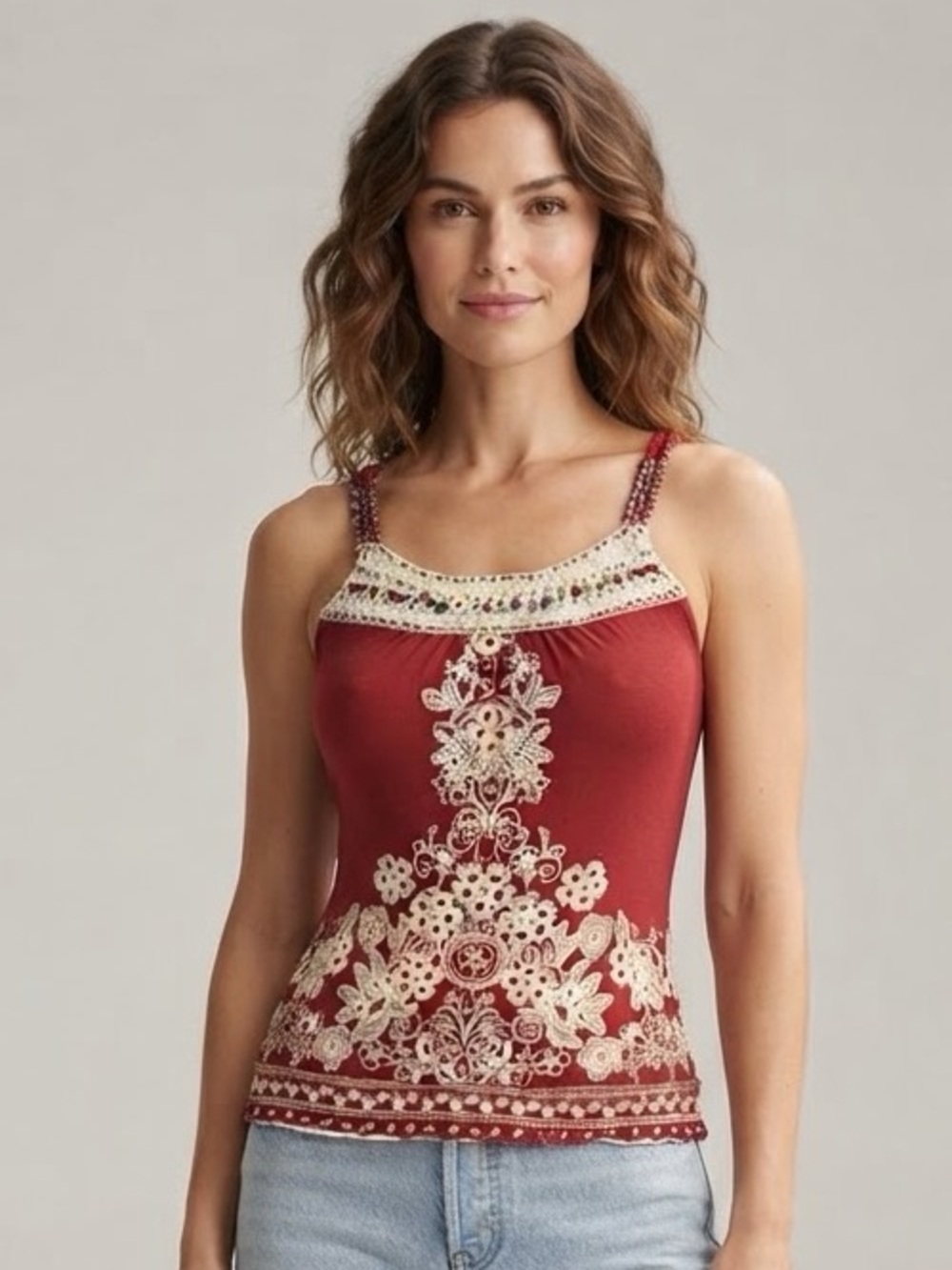 Almost Famous Red Camisole with Cream Crochet Embroidery